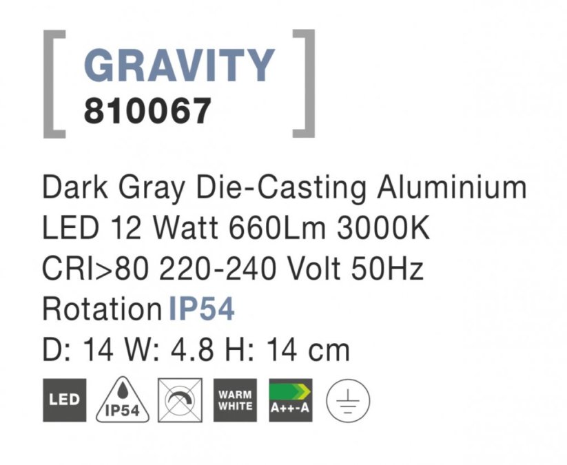 Svítidlo Nova Luce GRAVITY WALL GREY nástěnné, IP 54, 12 W