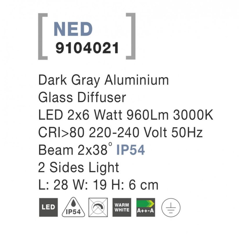 Svítidlo Nova Luce NED WALL GREY nástěnné, IP 54, 2x6 W